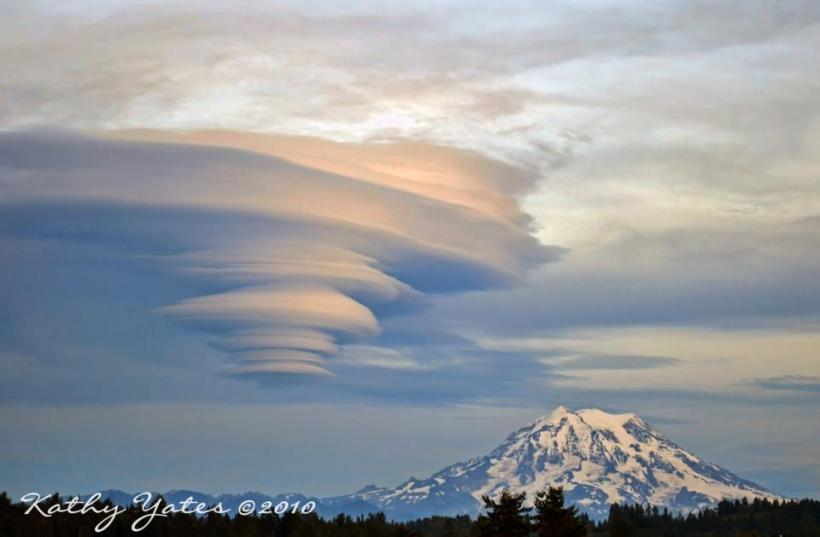 photo of lenticular clouds near Mt. Rainier by Kathy Yates